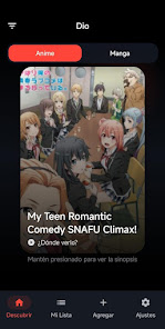 Dio Discover screen showing an anime recommendation